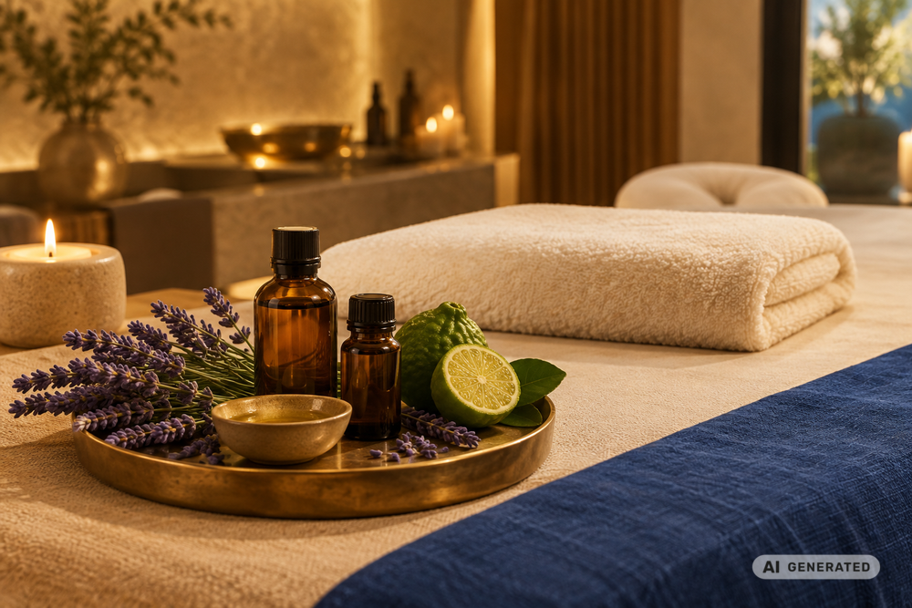 Aromaöl-Flaschen mit Lavendel auf einer Massageliege (Vollständig KI-generiert)