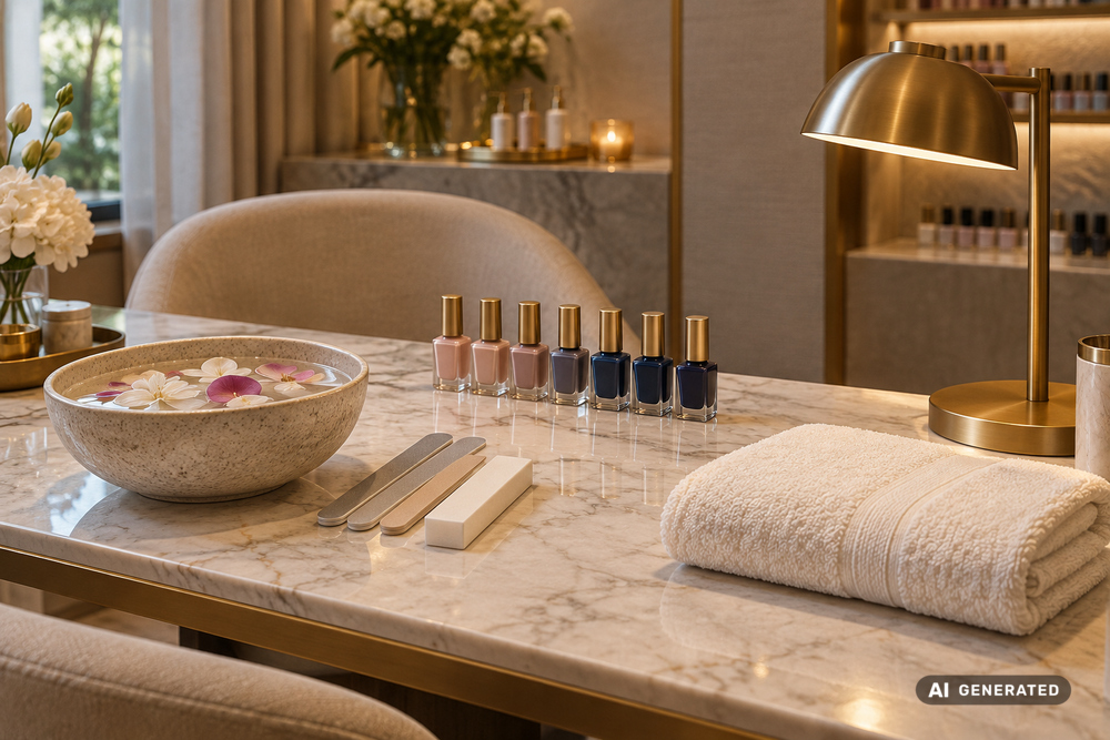 Maniküre-Tisch mit Nagellacken und Handbad (Vollständig KI-generiert)